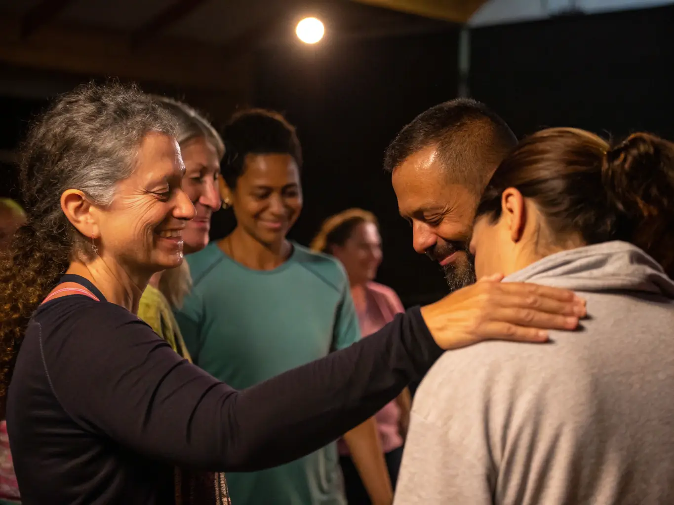 A group of people participating in a self-love workshop, with smiles and positive energy.